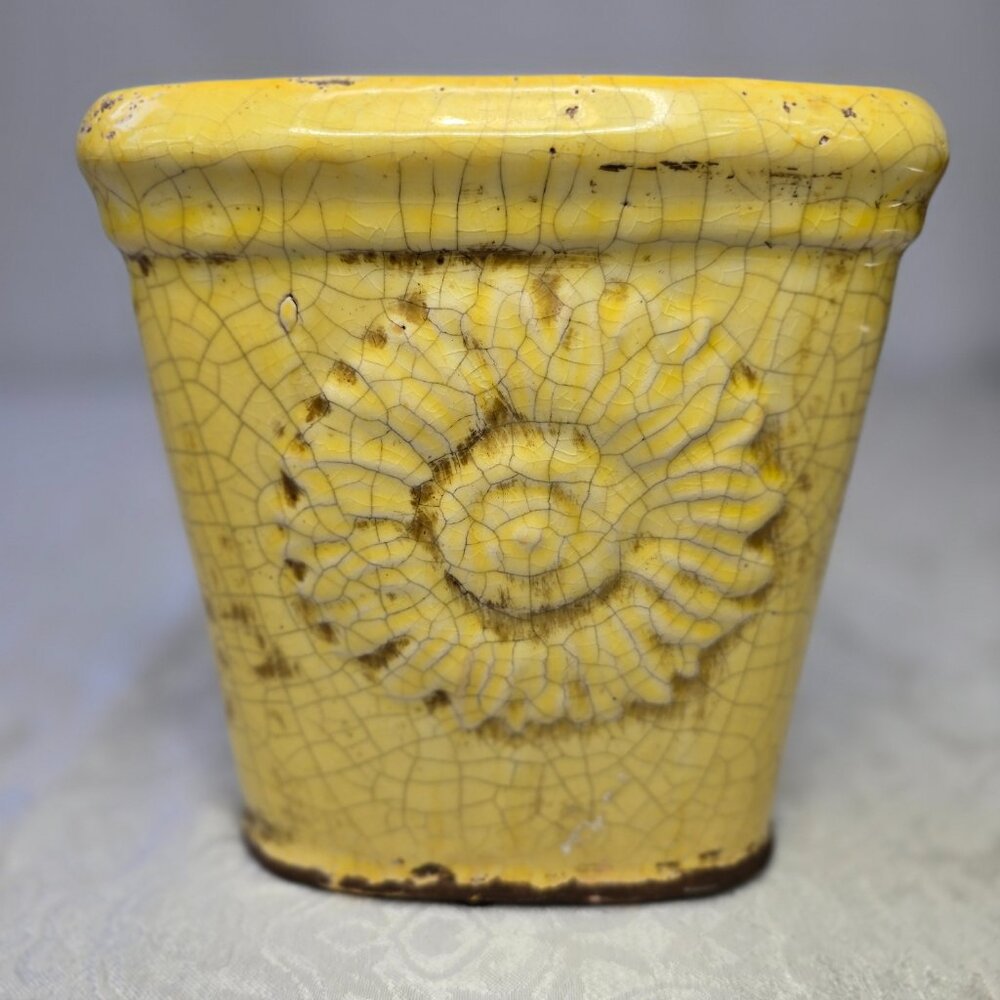 Vintage Hand Made Primitive Distressed Crackled  Ceramic Sunflower Vase